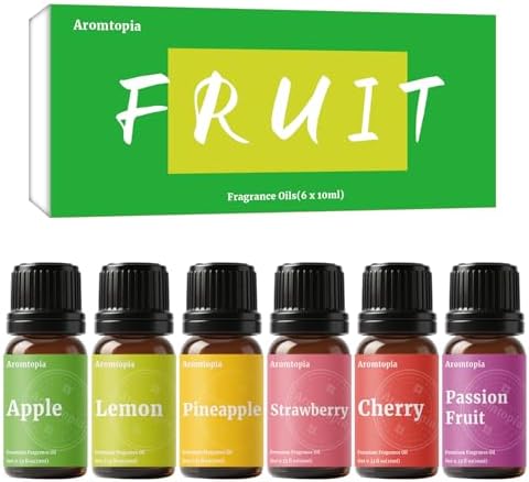 Fruit Fragrance Oils, Aromtopia 6x10ml Fruity Essential Oils for Diffusers for Home, Soap Candle Making Scents, Strawberry, Pineapple, Lemon, Cherry, Passion Fruit, Apple, Fragrance Oil Gift Set