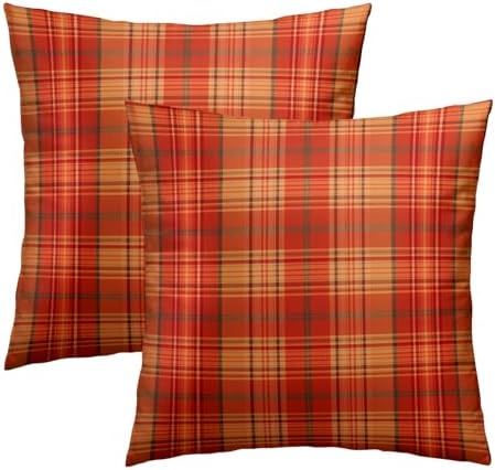 Fall Plaid Throw Pillow Covers 18x18inch Set of 2 Burnt Orange Buffalo Plaid Print Pillowcase Autumn Colored Tartan Thanksgiving Farmhouse Seasonal Decorative Cushion Cases for Home Sofa Patio