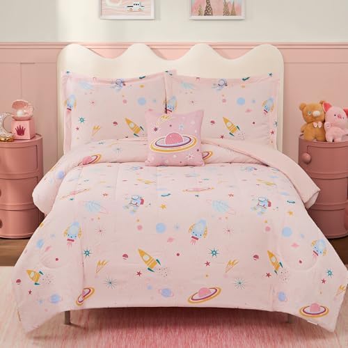 Full Size Comforter Sets for Girls-4 Pieces Pink Glow in the Dark Bedding
