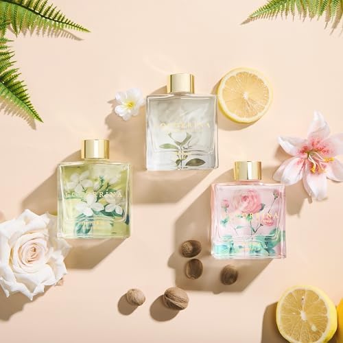 COCORRÍNA Reed Diffuser Set of 3-3 Pack/ 3.04 Fl.oz Diffuser with 24 Sticks Pink Rose/Gardenia/Jasmine & Mint, Reed Diffuser for Home Bathroom Office Decor