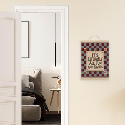 MAQIKA Funny Kids Playroom Poster Framed with Wood Hanger, Vintage Nursery Hanging Wall Decor, All Fun and Games Checkered Canvas Wall Art Paints for Kids Room Bedroom Playroom Classroom, 12x16 Inch
