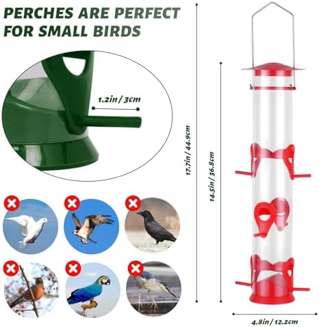 2 Packs Bird Feeder Tube Hanging Feeders, 6 Port Wild Bird Feeders Premium Hard Plastic with Steel Hanger Weatherproof and Water Resistant Great for Attracting Birds 18.2 Inches Large (Red + Green)
