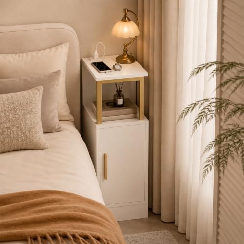 YATINEY Narrow Nightstand, Skinny Side Table with Charging Station, Bedside Table with Cabinet, Night Stand for Small Spaces, Bed Side Cabinet for Bedroom, Living Room, White and Gold ET27UDW
