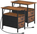HOOBRO End Table with Charging Station, Set of 2 Narrow Side Tables, Nightstand with 2 Non-Woven Drawers, Slim Sofa Table, for Small Spaces, Living Room, Bedroom, Rustic Brown and Black BF486UBZP201