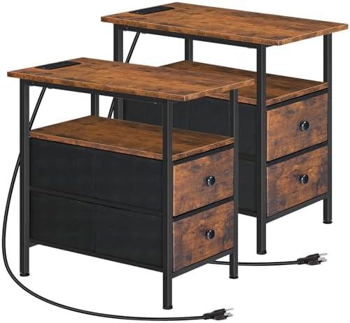HOOBRO End Table with Charging Station, Set of 2 Narrow Side Tables, Nightstand with 2 Non-Woven Drawers, Slim Sofa Table, for Small Spaces, Living Room, Bedroom, Rustic Brown and Black BF486UBZP201