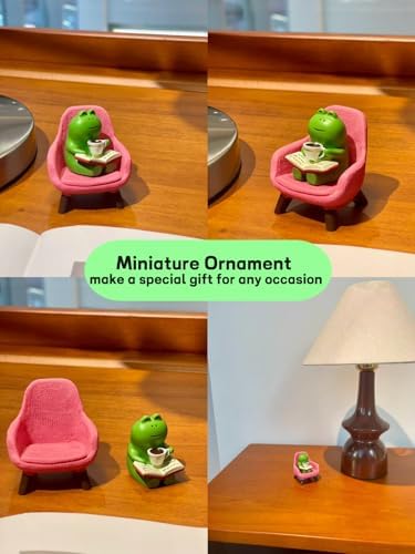 Miniature Frog Figurine Reading Book & Drinking Coffee on Pink Sofa - Cute Resin Desk Decor for Office & Home, Book Shelf Decor, Unique Gift for Frog Lovers