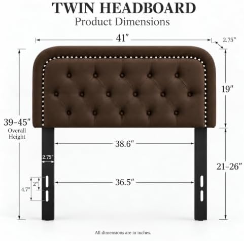 Tufted Upholstered Twin Size Headboard only - Button Solid Wood HeadBoards with Adjustable Height - Modern Velvet Padded Bed Headboard - Easy Assembly - Nailhead, Taupe Brown
