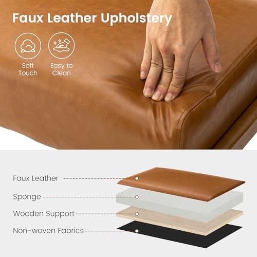 Glitzhome 15.5"(H) Footrest Stool Set of 2, Leatherette Ottoman, Accent Padded Sofa Foot Stool for Accent Chair, Wood Frame Foot Rest Ottoman for Living Room, Bedroom, Yellowish-Brown