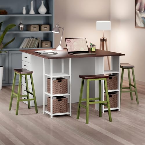Winsome Satori Saddle Seat 29" Bar Stool, Rustic Green and Walnut