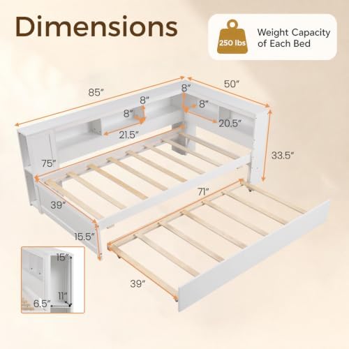 KOMFOTT Twin Size Daybed with Trundle, Trundle Bed with L-Shaped Bookcase