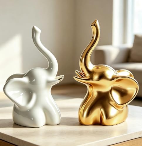 Gold and White Elephant Statues, 2 Pack Ceramic Shelf Decor