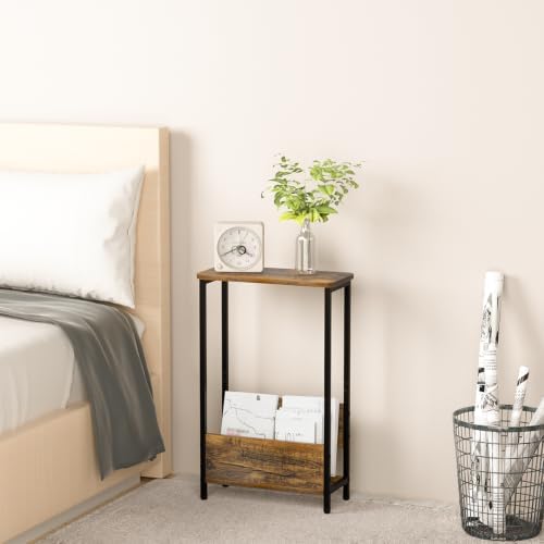 THUMEYE 7.1" Narrow Side Table for Small Spaces, 2 Tier Small End Table with Magazine Holder, Slim/Skinny Nightstand/Bedside Table for Living Room, Bedroom, 15.4" L x 24.2" H