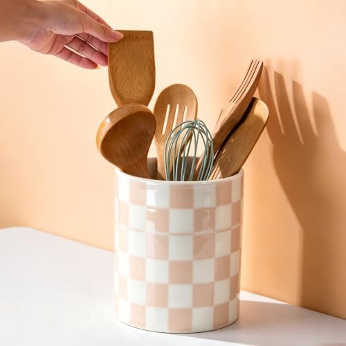 Kitchen Utensil Holder,7.2-inch Extra Large Ceramic Checkered Pattern Utensil Crock,Cooking Utensil Organizer for Kitchen Counter Decor,Storage Caddy Farmhouse Gift Beige