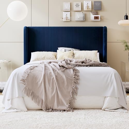 SHA CERLIN Full Corduroy Platform Bed with Tufted Wingback Headboard, Blue
