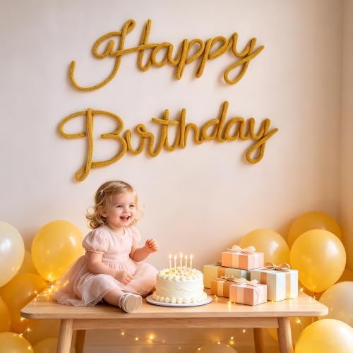 Yellow Happy Birthday Sign Knitted Wire Words Birthday Wall Hanging Decor