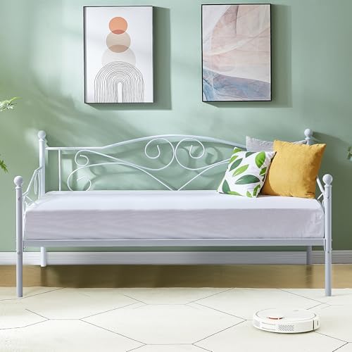 VECELO Daybed Frame, Twin Size Metal Platform Sofa Bed Mattress Foundation with Headboard, Heavy-Duty Steel Slat Support for Bedroom Living/Guest Room, Easy Assembly, White