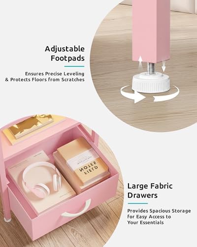 Lazzanto Nightstand with Rear Charging Station, LED Light, 4 Drawers, Pink