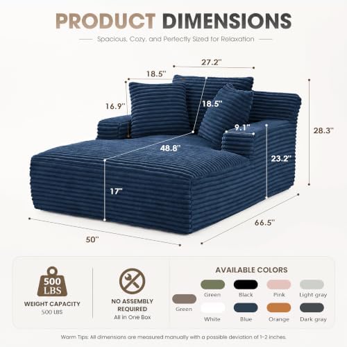 66" Chaise Lounge Chair Indoor, Corduroy Upholstered Reading Chair Oversized Boneless Chair with Deep Seat, Cloud Lounge Chair with 3 Pillows for Living Room, Bedroom, No Assembly Required