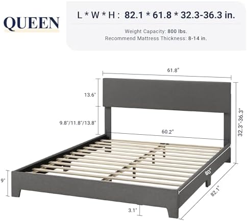 Allewie Queen Size Upholstered Bed Frame Adjustable Headboard, Dark Grey