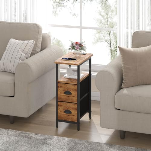 sthmec Narrow End Table with Charging Station, Narrow Side Table with 2 Fabric Drawers, Slim Nightstand, Skinny Bedside Table, Small Side Table for Small Spaces, Living Room, Bedroom, Rustic Brown