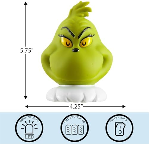 Grinch Dr.Seuss Squishy Night Light 6" Soft LED Mood Lamp for Christmas Decor, Kids Bedrooms, Collectors & Gift Giving