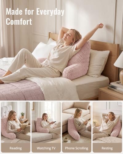 Blissful Diary Reading Pillow, Backrest Pillow with Shredded Memory Foam for Adult & Children, Designed for Bed and Couch Sitting Up, Includes Arms, Pockets and Washable Cover, Pale Pink