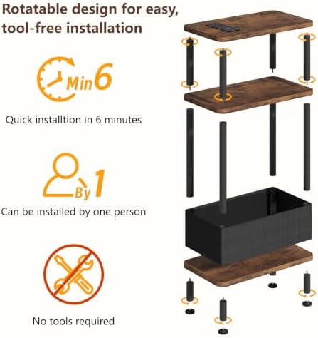Small Narrow Side Table with Charging Station, 3-Tier Skinny End Table with Fabric Basket, Easy Assembling, Slim Nightstand Bedside Table for Small Spaces, Living Room, Bedroom