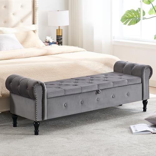 Storage Bench 67" Velvet End of Bed Benches Dark Grey