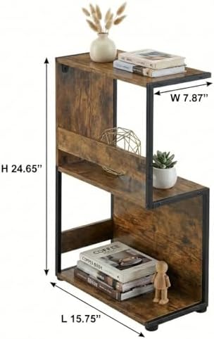 Narrow End Table for Small Spaces - Slim Side Table, S Shape Design Narrow End Tables Living Room,Skinny Bedroom Nightstand Thin Side Magazine Bookshelf (Rustic Brown)