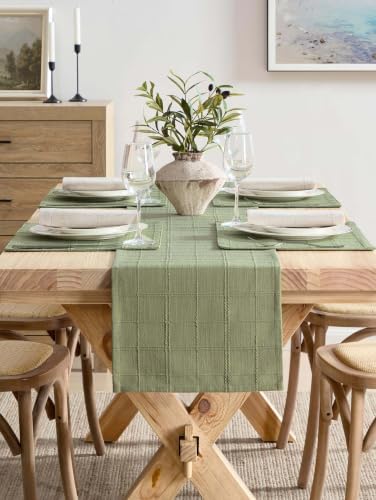 ZeeMart Linen Checked Farmhouse Table Runner, 13x36 Inches Sage Green