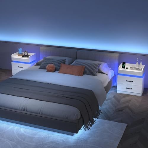4ever2buy White Nightstand with Charging Station and LED Lights