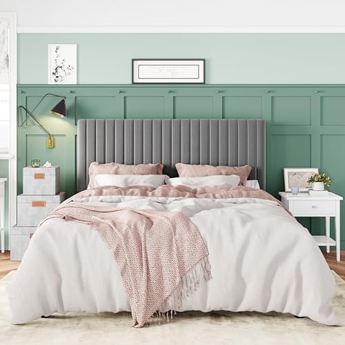 Allewie Full Bed Frame, Velvet Upholstered Platform Bed with Adjustable Vertical Channel Tufted Headboard, Mattress Foundation with Strong Wooden Slats, Box Spring Optional, Easy Assembly, Grey