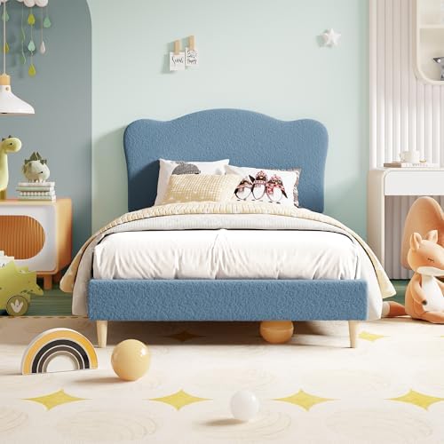 Garvee Upholstered Full Size Bed Frame for Kids with Scallop Headboard, Cute Velvet Full Bed for Girls, Boys, Sturdy Platform Bed, No Box Spring Needed, Wooden Slats, Noise Free, Blue