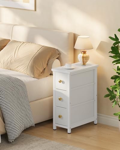 CHOEZON Narrow Side Table with 3 Fabric Drawers, Industrial Slim Bedside Table for Small Spaces, Bedroom, Living Room, Dormitory, White TBZ09WB