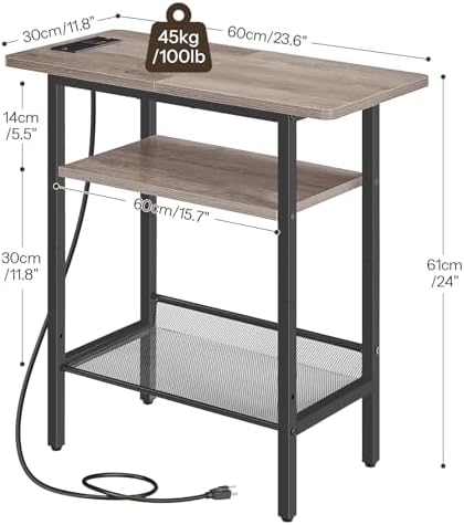 HOOBRO Side Table with Charging Station for Small Spaces, Greige and Black