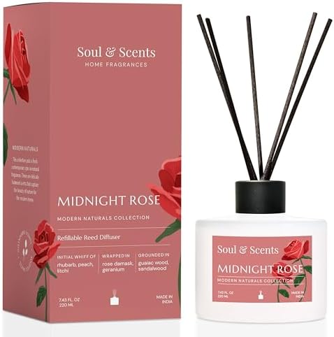 Soul & Scents Reed Diffuser Set – Midnight Rose | 7.43 oz Refillable Scented Oil with 6 Fiber Sticks | Long-Lasting Home Fragrance & Air Freshener for Bedroom, Bathroom, Office | Gift & Décor Piece