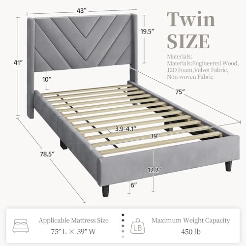 Yaheetech Twin Bed Frame with Chevron Channel-Tufted Headboard, Light Gray