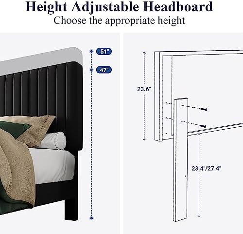 Allewie Full Bed Frame, Velvet Upholstered Platform Bed with Vertical Channel Tufted Headboard, Mattress Foundation with Strong Wooden Slats, Box Spring Optional, Easy Assembly, Black
