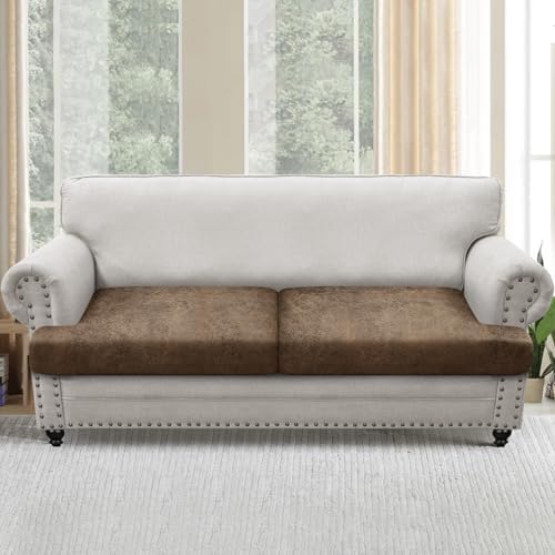 T Cushion Sofa Slipcovers Leather-Look 2PC Stretch Sofa Cushion Covers for 2 Cushion Couch Individually Couch Seat Cover with Elastic Bands, Pet-Friendly, Non-Slip, Easy Fit - Light Brown