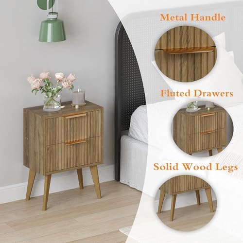 YAUKOMEL Fluted Nightstand with 2 Drawers,Walnut Brown Modern Bedside Table