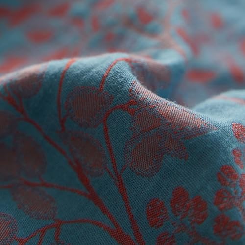 Blue Red Duvet Cover Queen,3 Pieces Retro Jacquard Forest Theme Tree Leaves Bedding Set,Linen Cotton Yarn-Dyed Textured Duvet Cover with Zipper Closure