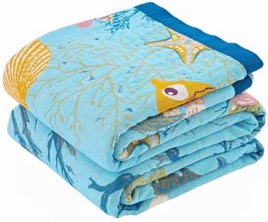 XIBLC Boho Throw Blanket 100% Cotton Vintage Blanket Muslin Woven Flower Decorative Throw Blankets All Season Bohemian Rustic Farmhouse Decor Quilt for Bed (Blue 60"x80")