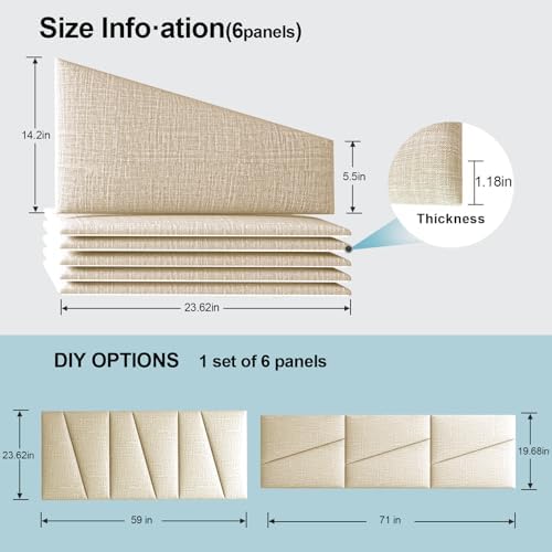 Peel and Stick Headboard for Queen Bed Linen Fabric Upholstered Wall Mounted Headboard - Wall Padding Panel in Beige for Bedroom/Living Room/Dorm (6 Panels)