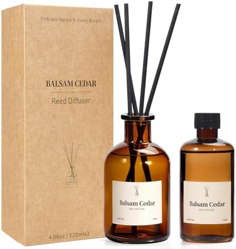 Balsam Cedar Reed Diffuser Set - Includes Reed Diffuser Sticks, 2 Pack Fragrance Oil and Glass Bottle, Reed Diffusers for Home Bathroom Shelf Decor & Gift, Air Fresheners (8.12 fl.oz)