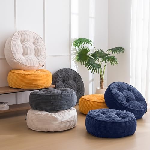 HIGOGOGO 8" Extra Thick Floor Pillow Cushion for Adults, Meditation Cushion Pillow, Large Round Floor Sitting, Tufted Corduroy Cover, for Tatami Living Room or Yoga, 22x22 Inch, Beige