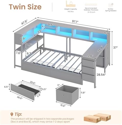 DICTAC Twin Corner Bed Frame with Desk and Storage Bookcase, Twin Size Platform Bed Frame with 4 Storage Drawers,Charging Station and LED Lights,Modern Daybed for Kids and Teen with Drawers,Grey