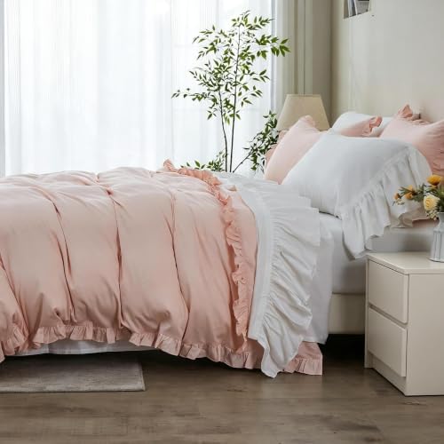 Simple&Opulence Kids 100% Organic Cotton Duvet Cover with Ruffle 104 x 92-3 PCS High End Floral Frill Lace Bedding, Romantic Cottagecore Style Comforter Cover with 2 Pillowcases, Peach Pink, King