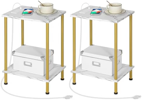 HOOBRO Side Table with Charging Station, Set of 2 End Tables with USB Port and Outlet, Nightstand with 2-Layer Storage Shelves for Small Spaces, Living Room, Bedroom, Gold and Marble DM09UBZP201