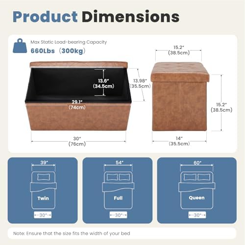 DUMOS 30 Inch Foldable Storage Ottoman Bench, Large Ottoman with Storage
