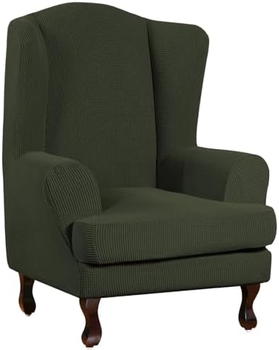 Turquoize Wingback Chair Covers 2 Piece Wing Chair Slipcover Stretch Slipcovers for Wingback Chairs Spandex Jacquard Fabric with Elastic Bottom Non-Slip Furniture Cover, Olive